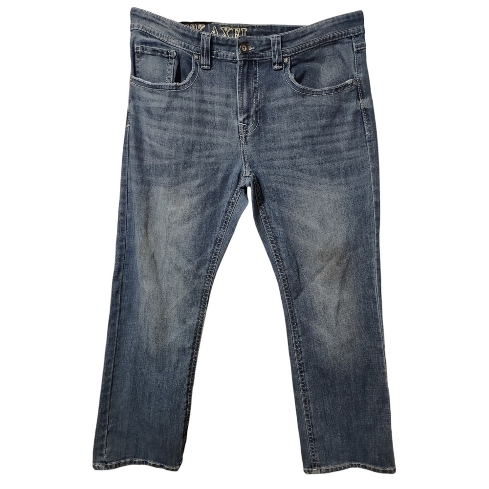 TK Axel Jeans Men 36x30 Blue Straight Leg Embroidered Stitching Flap Pocket Work